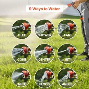 retractable garden hose reel, 1/2 in x 130 ft, wall mounted hose reel with 9 function sprayer nozzle and 180° swivel bracket, any length lock, automatic slow rewind system, for garden watering