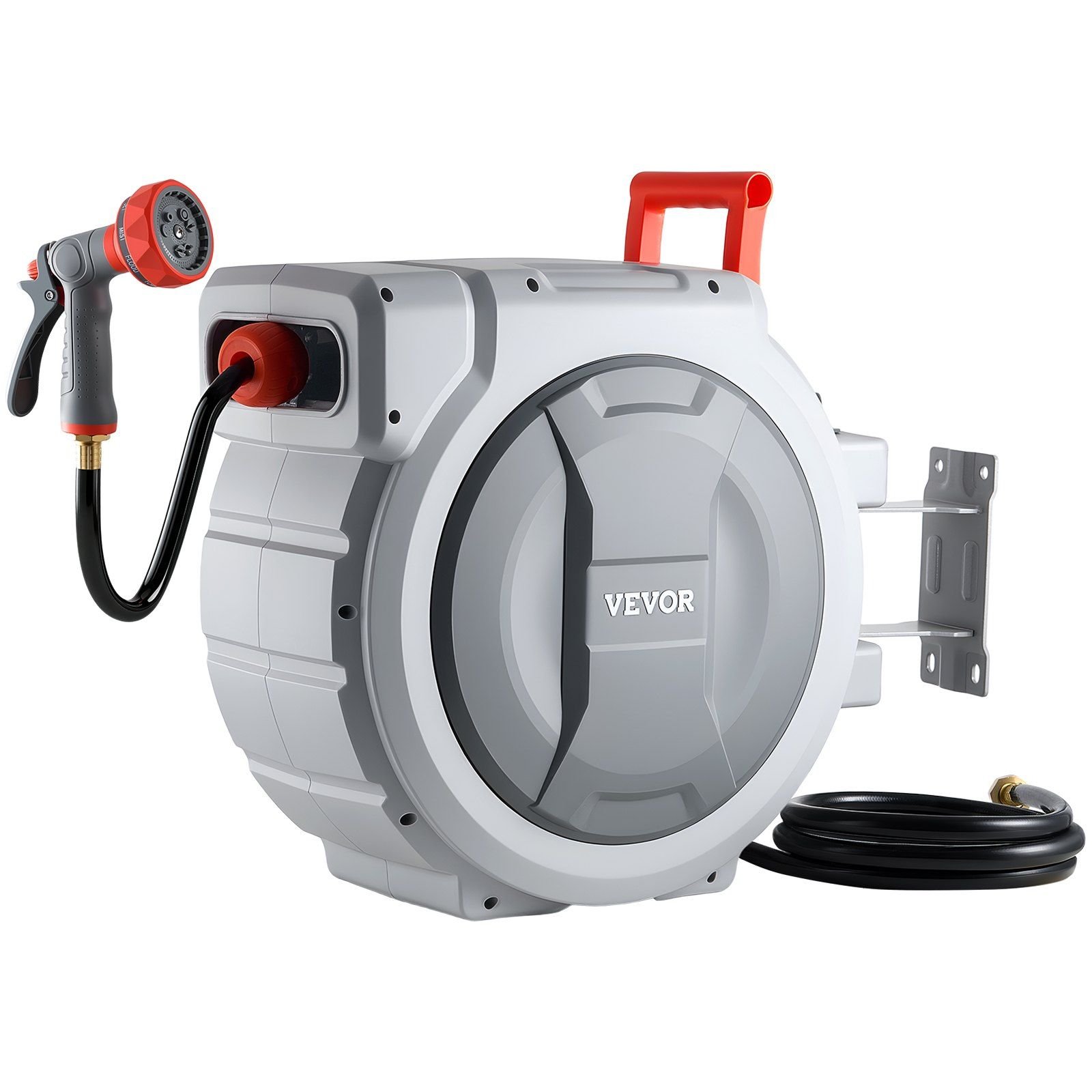 retractable garden hose reel, 1/2 in x 130 ft, wall mounted hose reel with 9 function sprayer nozzle and 180° swivel bracket, any length lock, automatic slow rewind system, for garden watering