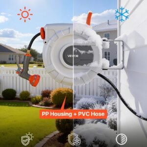 retractable garden hose reel, 1/2 in x 50 ft, wall mounted hose reel with 9 function sprayer nozzle and 180° swivel bracket, any length lock, automatic slow rewind system, for garden watering