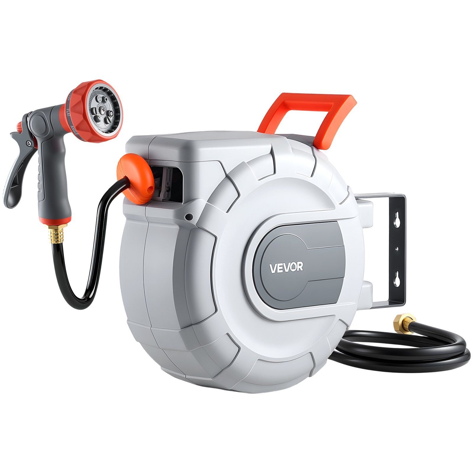 retractable garden hose reel, 1/2 in x 50 ft, wall mounted hose reel with 9 function sprayer nozzle and 180° swivel bracket, any length lock, automatic slow rewind system, for garden watering