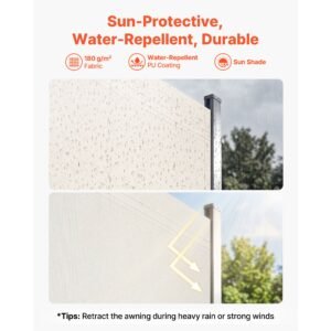 retractable side awning, 71" x 236" patio retractable side screen with 180 g/m² polyester fabric, waterproof sunshade outdoor privacy screen room divider for garden, balcony, pools, deck, beige