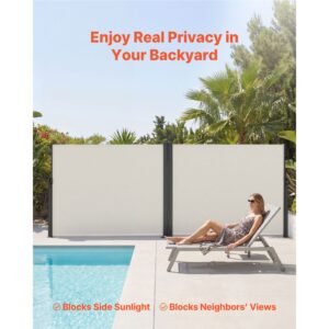 retractable side awning, 71" x 236" patio retractable side screen with 180 g/m² polyester fabric, waterproof sunshade outdoor privacy screen room divider for garden, balcony, pools, deck, beige
