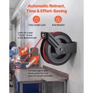 retractable welding hose reel, 1/4 inch x 100ft twin oxygen acetylene rubber hose max 300psi r grade, ceiling/wall mount heavy duty steel hose reel auto rewind, ideal for workshops garages