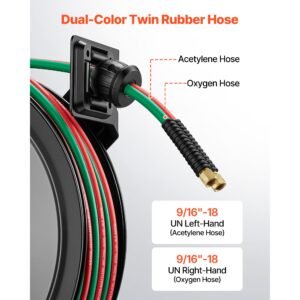 retractable welding hose reel, 1/4 inch x 100ft twin oxygen acetylene rubber hose max 300psi r grade, ceiling/wall mount heavy duty steel hose reel auto rewind, ideal for workshops garages