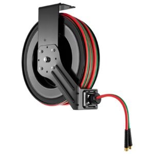 Retractable Welding Hose Reel, 1/4 Inch x 100FT Twin Oxygen Acetylene Rubber Hose Max 300PSI - R Grade, Ceiling/Wall Mount Heavy Duty Steel Hose Reel Auto-Rewind, Ideal for Workshops Garages