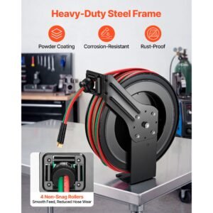 retractable welding hose reel, 1/4 inch x 100ft twin oxygen acetylene rubber hose max 300psi r grade, ceiling/wall mount heavy duty steel hose reel auto rewind, ideal for workshops garages