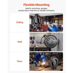 retractable welding hose reel, 1/4 inch x 100ft twin oxygen acetylene rubber hose max 300psi r grade, ceiling/wall mount heavy duty steel hose reel auto rewind, ideal for workshops garages