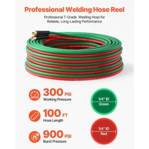 retractable welding hose reel, hand crank manual rewind hose reel with 1/4 inch x 100ft twin oxygen acetylene rubber hose max 300psi t grade, ceiling/wall mount steel reel for workshop garages