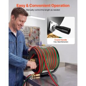 retractable welding hose reel, hand crank manual rewind hose reel with 1/4 inch x 100ft twin oxygen acetylene rubber hose max 300psi t grade, ceiling/wall mount steel reel for workshop garages