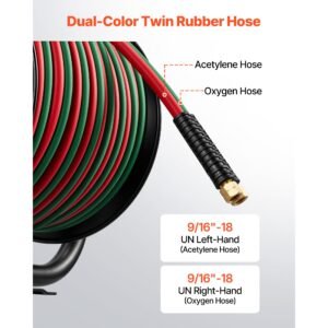 retractable welding hose reel, hand crank manual rewind hose reel with 1/4 inch x 100ft twin oxygen acetylene rubber hose max 300psi t grade, ceiling/wall mount steel reel for workshop garages