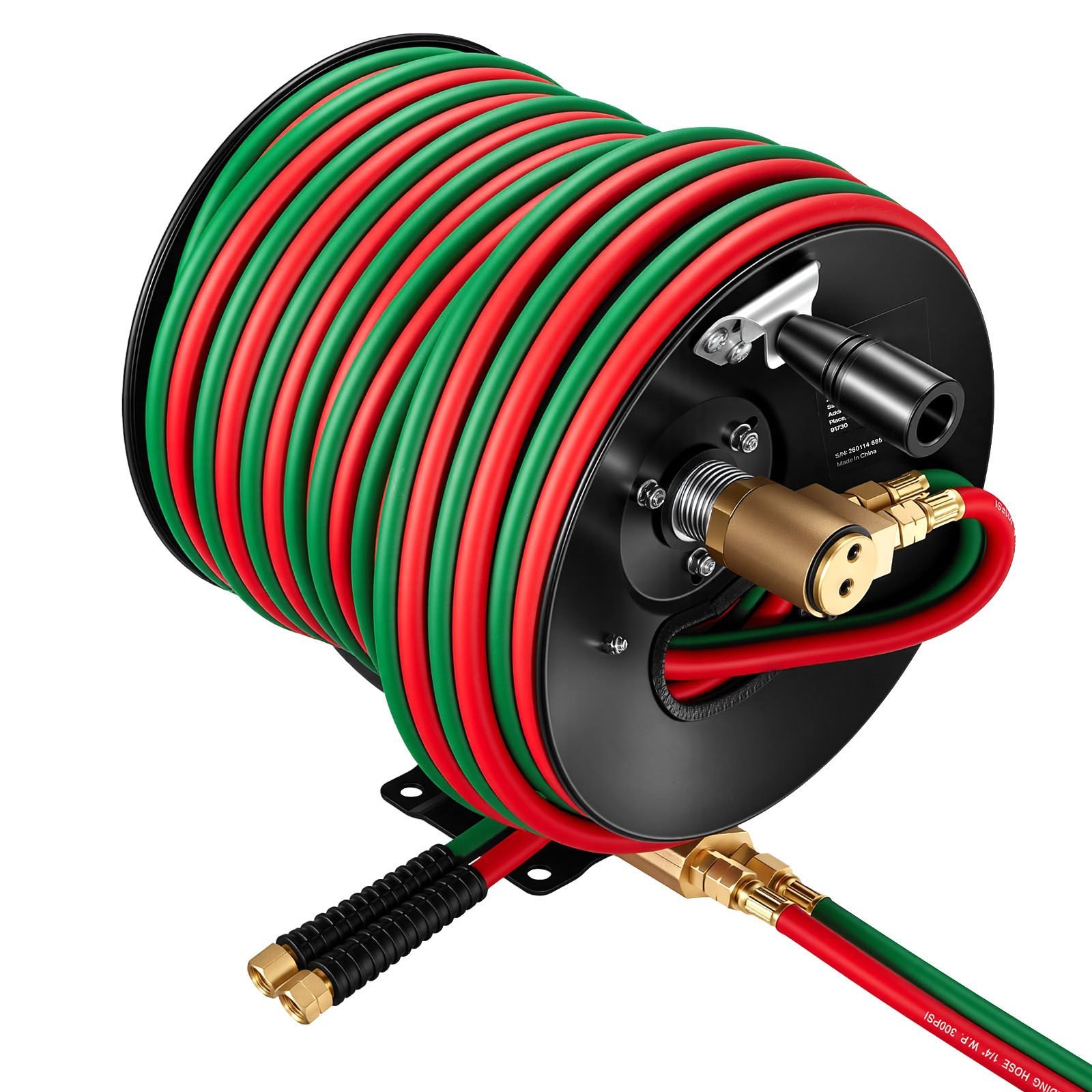 retractable welding hose reel, hand crank manual rewind hose reel with 1/4 inch x 100ft twin oxygen acetylene rubber hose max 300psi t grade, ceiling/wall mount steel reel for workshop garages
