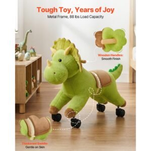 ride on horse, riding dinosaur toys for kids, features lifelike dinosaur roars, no battery required, 360 degree flexible smooth wheels, soft seat, 88 lbs max load capacity for toddlers ages 3+