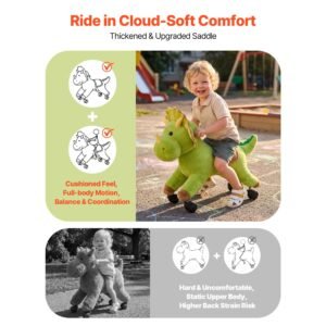 ride on horse, riding dinosaur toys for kids, features lifelike dinosaur roars, no battery required, 360 degree flexible smooth wheels, soft seat, 88 lbs max load capacity for toddlers ages 3+