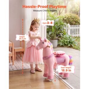ride on horse, riding pink unicorn toys for kids, no battery required, smooth wheels with anti roll stop ring, upgraded raised seat, handles, pedals, 110 lbs max load capacity for ages 3 8