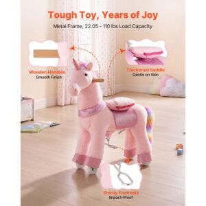 ride on horse, riding pink unicorn toys for kids, no battery required, smooth wheels with anti roll stop ring, upgraded raised seat, handles, pedals, 110 lbs max load capacity for ages 3 8