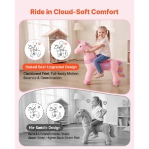 ride on horse, riding pink unicorn toys for kids, no battery required, smooth wheels with anti roll stop ring, upgraded raised seat, handles, pedals, 110 lbs max load capacity for ages 3 8