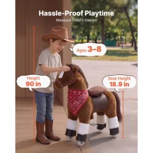 ride on horse, riding pony toys for kids, no battery required, smooth wheels with anti roll stop ring, upgraded raised seat, handles, pedals, 110 lbs max load capacity for ages 3 8