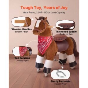 ride on horse, riding pony toys for kids, no battery required, smooth wheels with anti roll stop ring, upgraded raised seat, handles, pedals, 110 lbs max load capacity for ages 3 8