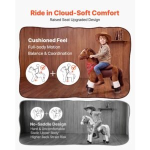 ride on horse, riding pony toys for kids, no battery required, smooth wheels with anti roll stop ring, upgraded raised seat, handles, pedals, 110 lbs max load capacity for ages 3 8