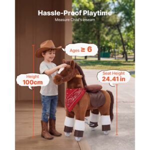 ride on horse, riding pony toys for kids, no battery required, smooth wheels with anti roll stop ring, upgraded raised seat, handles, sturdy pedals, 176 lbs max load capacity for ages 6+