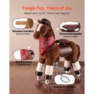ride on horse, riding pony toys for kids, no battery required, smooth wheels with anti roll stop ring, upgraded raised seat, handles, sturdy pedals, 176 lbs max load capacity for ages 6+