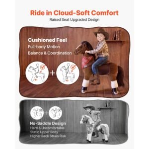 ride on horse, riding pony toys for kids, no battery required, smooth wheels with anti roll stop ring, upgraded raised seat, handles, sturdy pedals, 176 lbs max load capacity for ages 6+