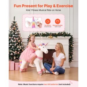 ride on horse, riding unicorn toys for kids, no battery required, smooth wheels with anti roll stop ring, upgraded raised seat, handles, sturdy pedals, 176 lbs max load capacity for ages 6+