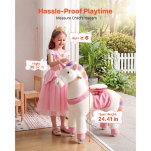 ride on horse, riding unicorn toys for kids, no battery required, smooth wheels with anti roll stop ring, upgraded raised seat, handles, sturdy pedals, 176 lbs max load capacity for ages 6+