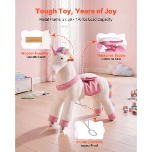 ride on horse, riding unicorn toys for kids, no battery required, smooth wheels with anti roll stop ring, upgraded raised seat, handles, sturdy pedals, 176 lbs max load capacity for ages 6+