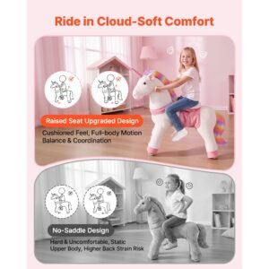 ride on horse, riding unicorn toys for kids, no battery required, smooth wheels with anti roll stop ring, upgraded raised seat, handles, sturdy pedals, 176 lbs max load capacity for ages 6+