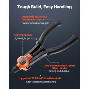 rivet nut tool kit, 14 inch two handed rivnut tool kit, with 7 mandrels and 70 nuts, metric and sae size m6, m8, m10, 10 24, 1/4 20, 5/16 18, 3/8 16 unc, with a carrying case, for home, auto