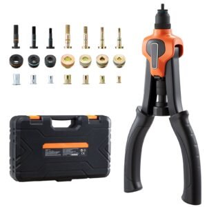Rivet Nut Tool Kit, 14-Inch Two-Handed Rivnut Tool Kit, with 7 Mandrels and 70 Nuts, Metric and SAE Size M6, M8, M10, 10-24, 1/4-20, 5/16-18, 3/8-16 UNC, with a Carrying Case, for Home, Auto