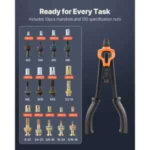 rivet nut tool kit, 17 inch rivnut tool kit, with 13 mandrels and 130 nuts, metric and sae size m3, m4, m5, m6, m8, m10, m12, 1/2 13, 8 32, 10 24, 1/4 20, 5/16 18, 3/8 16 unc, a carrying case