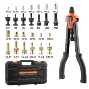 Rivet Nut Tool Kit, 17-Inch Rivnut Tool Kit, with 13 Mandrels and 130 Nuts, Metric and SAE Size M3, M4, M5, M6, M8, M10, M12, 1/2-13, 8-32, 10-24, 1/4-20, 5/16-18, 3/8-16 UNC, a Carrying Case
