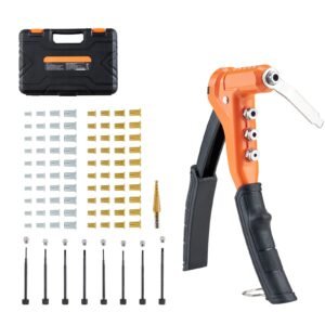 Rivet Nut Tool Kit, 9-Inch One-Handed Rivnut Tool Kit, with 8 Mandrels, a Step Drill Bit and 80 Nuts, Metric and SAE Size M3, M4, M5, M6, 6-32, 8-32, 10-24, 1/4-20 UNC, with a Carrying Case