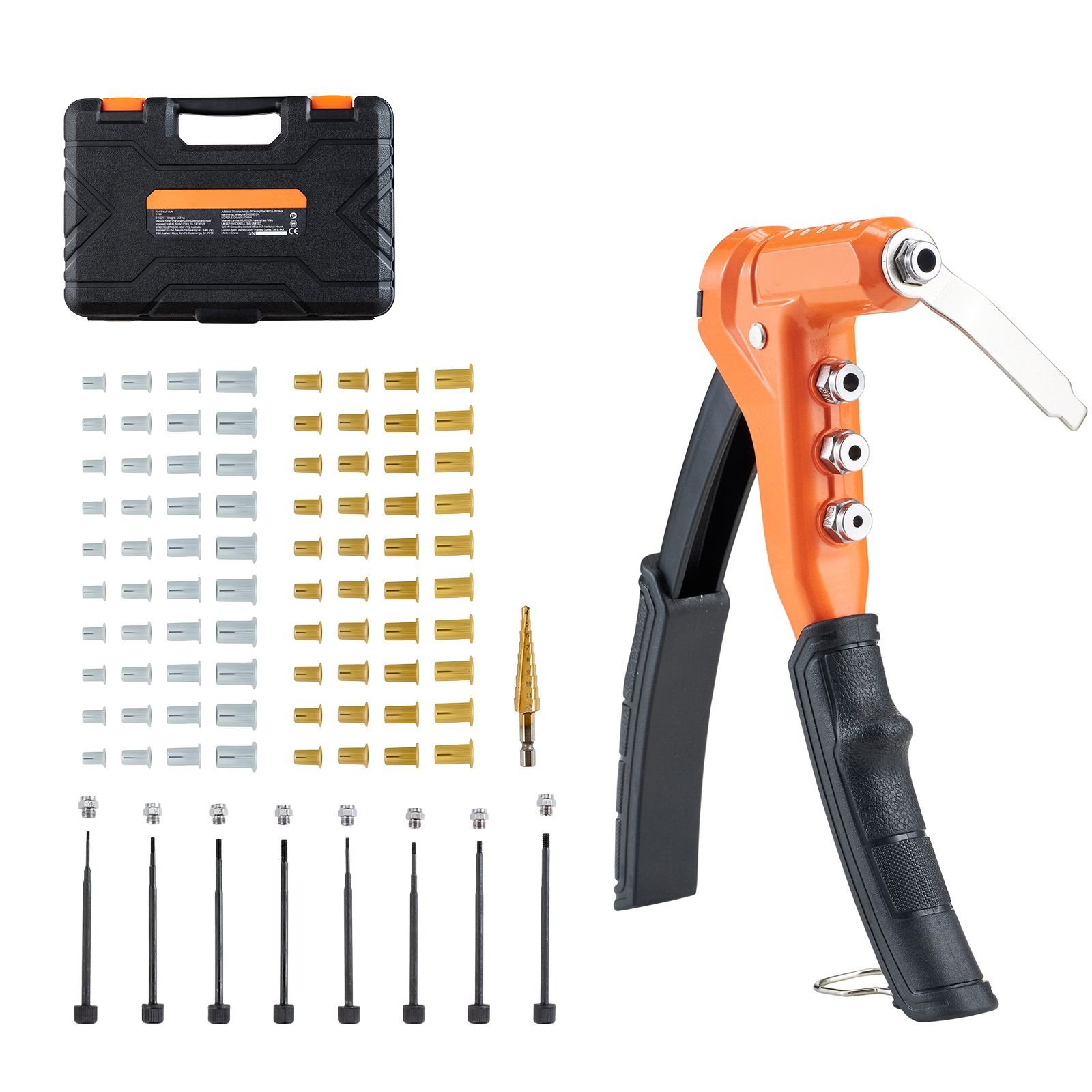 rivet nut tool kit, 9 inch one handed rivnut tool kit, with 8 mandrels, a step drill bit and 80 nuts, metric and sae size m3, m4, m5, m6, 6 32, 8 32, 10 24, 1/4 20 unc, with a carrying case