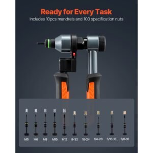 rivet nut tool kit, 9 inch ratchet rivnut tool kit, with 10 mandrels and 100 nuts, metric and sae size m5, m6, m8, m10, m12, 8 32, 10 24, 1/4 20, 5/16 18, 3/8 16 unc, with a rugged carrying case