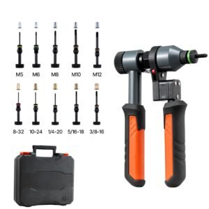 Rivet Nut Tool Kit, 9-Inch Ratchet Rivnut Tool Kit, with 10 Mandrels and 100 Nuts, Metric and SAE Size M5, M6, M8, M10, M12, 8-32, 10-24, 1/4-20, 5/16-18, 3/8-16 UNC, with a Rugged Carrying Case