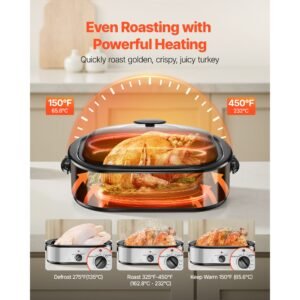 roaster oven, 14qt fast cooking turkey roaster, 150 450 fahrenheit adjustable temp electric roasting pan with self basting lid, roasting lift out rack, defrost & warm function, fits 18lb turkey