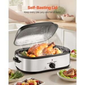 roaster oven, 14qt fast cooking turkey roaster, 150 450 fahrenheit adjustable temp electric roasting pan with self basting lid, roasting lift out rack, defrost & warm function, fits 18lb turkey
