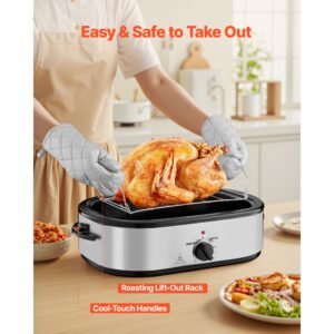 roaster oven, 14qt fast cooking turkey roaster, 150 450 fahrenheit adjustable temp electric roasting pan with self basting lid, roasting lift out rack, defrost & warm function, fits 18lb turkey