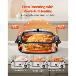 roaster oven, 18qt electric roaster oven, 150 450 fahrenheit adjustable temp electric roasting pan with self basting lid, cool touch handle, defrost & warm function, stainless steel turkey ovens