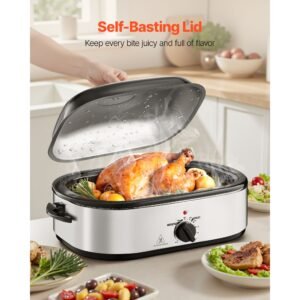 roaster oven, 18qt electric roaster oven, 150 450 fahrenheit adjustable temp electric roasting pan with self basting lid, cool touch handle, defrost & warm function, stainless steel turkey ovens