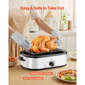 roaster oven, 18qt electric roaster oven, 150 450 fahrenheit adjustable temp electric roasting pan with self basting lid, cool touch handle, defrost & warm function, stainless steel turkey ovens