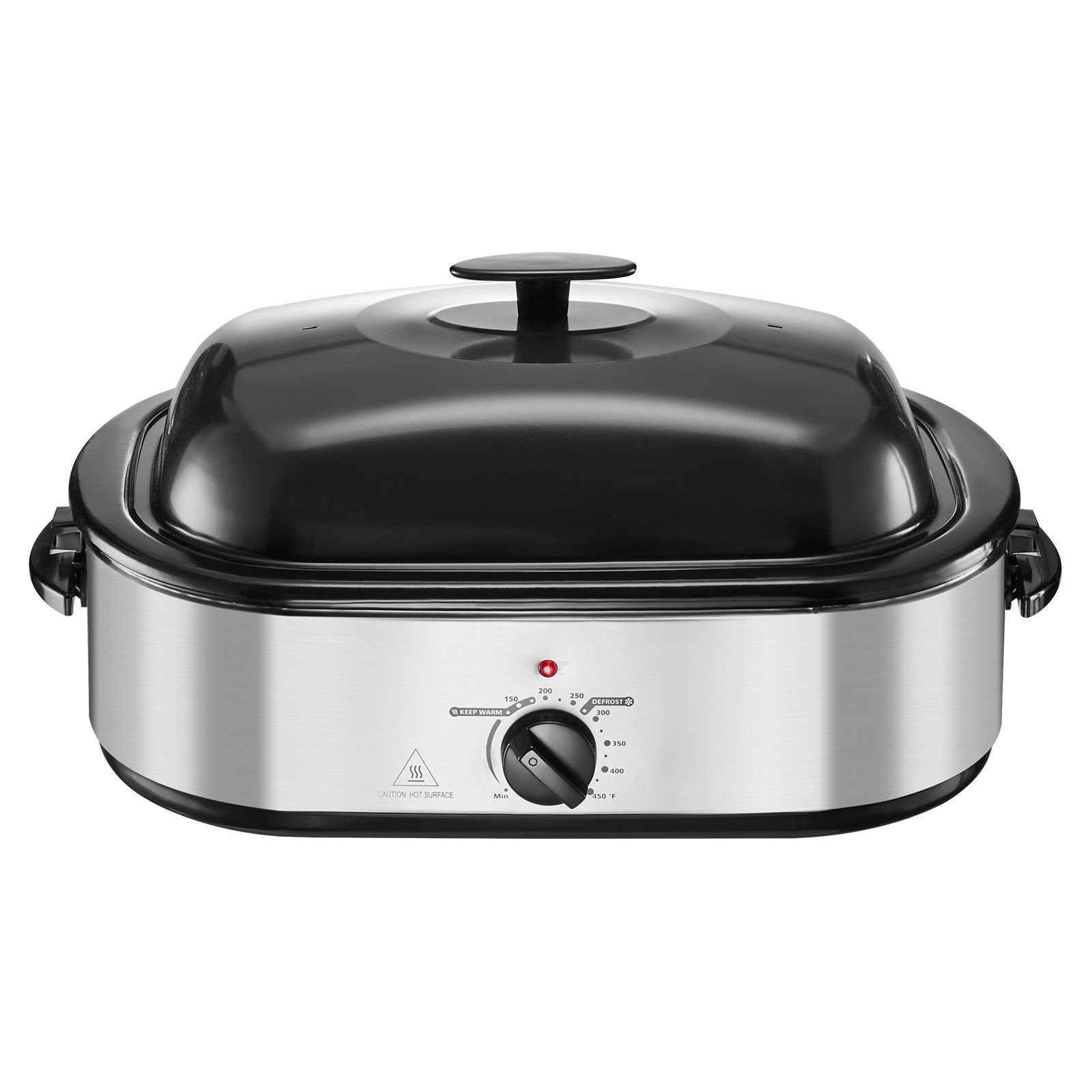 roaster oven, 18qt electric roaster oven, 150 450 fahrenheit adjustable temp electric roasting pan with self basting lid, cool touch handle, defrost & warm function, stainless steel turkey ovens