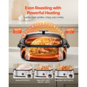 roaster oven, 22qt electric roasting pan, 150 450 f adjustable temp multifunctional electric roaster oven with self basting lid, defrost & warm function for holiday meal, fits 26lb turkey