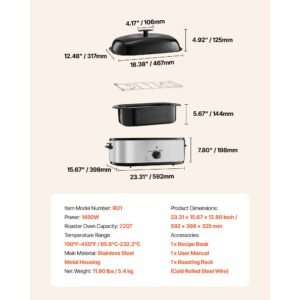 roaster oven, 22qt electric roasting pan, 150 450 f adjustable temp multifunctional electric roaster oven with self basting lid, defrost & warm function for holiday meal, fits 26lb turkey
