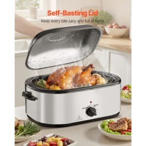 roaster oven, 24qt electric turkey roaster oven, 150 450 fahrenheit adjustable temp electric roasting pan with 3 bin buffet server, self basting lid, defrost & warm function, self basting lid