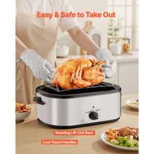 roaster oven, 24qt electric turkey roaster oven, 150 450 fahrenheit adjustable temp electric roasting pan with 3 bin buffet server, self basting lid, defrost & warm function, self basting lid