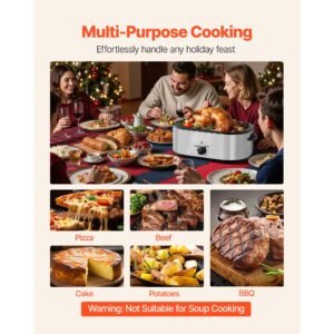 roaster oven, 24qt electric turkey roaster oven, 150 450 fahrenheit adjustable temp electric roasting pan with 3 bin buffet server, self basting lid, defrost & warm function, self basting lid